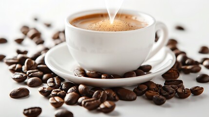 White cup of coffee with roasted beans, ideal for coffee shop menus, social media posts, or blog content related to coffee.