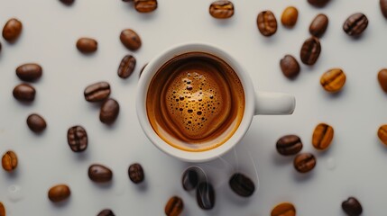 Dark coffee in a white cup surrounded by aromatic coffee beans  perfect for coffee shop promotions or caffeinethemed content.