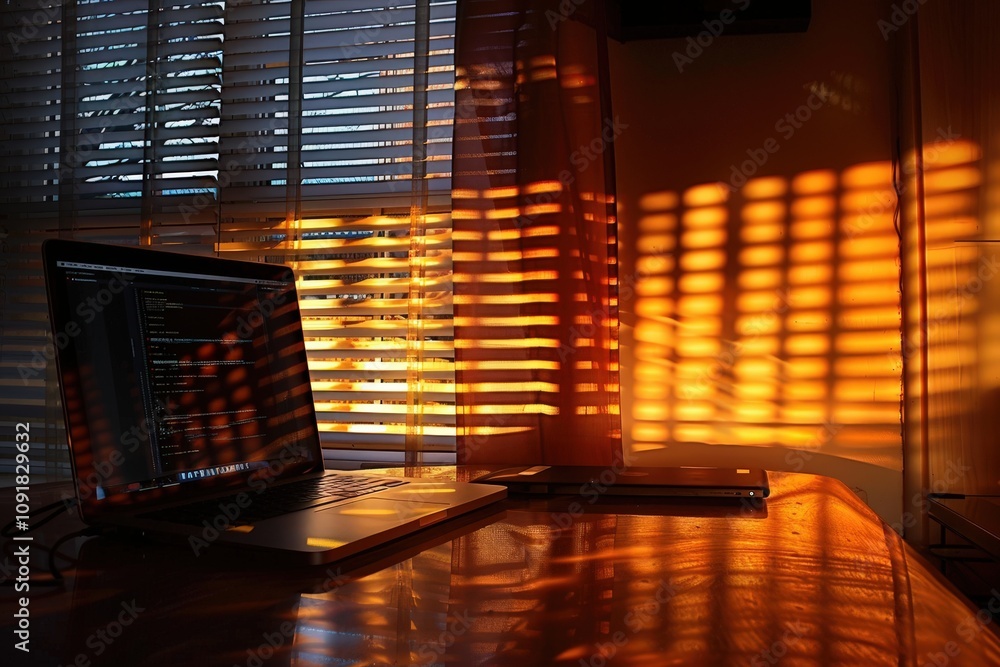 Aufkleber laptop on a wooden desk with shadows from blinds, creating a calming atmosphere in a creative worksp
