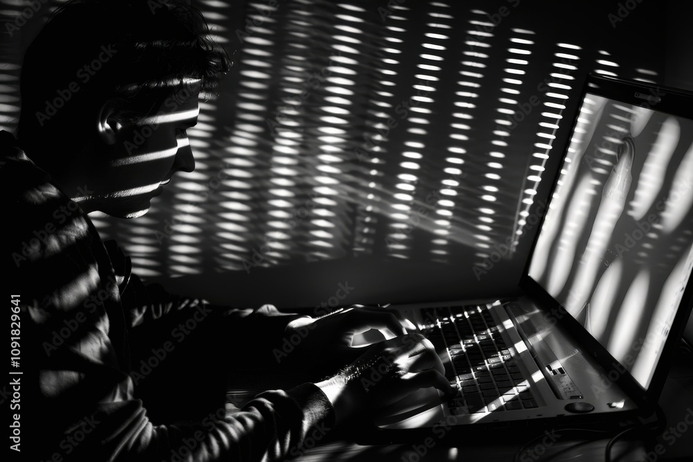 Aufkleber laptop on a wooden desk with shadows from blinds, creating a calming atmosphere in a creative worksp