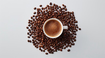 Cup of coffee surrounded by roasted beans. Perfect for coffee shops, cafes, and foodrelated designs. Artistic coffee concept.