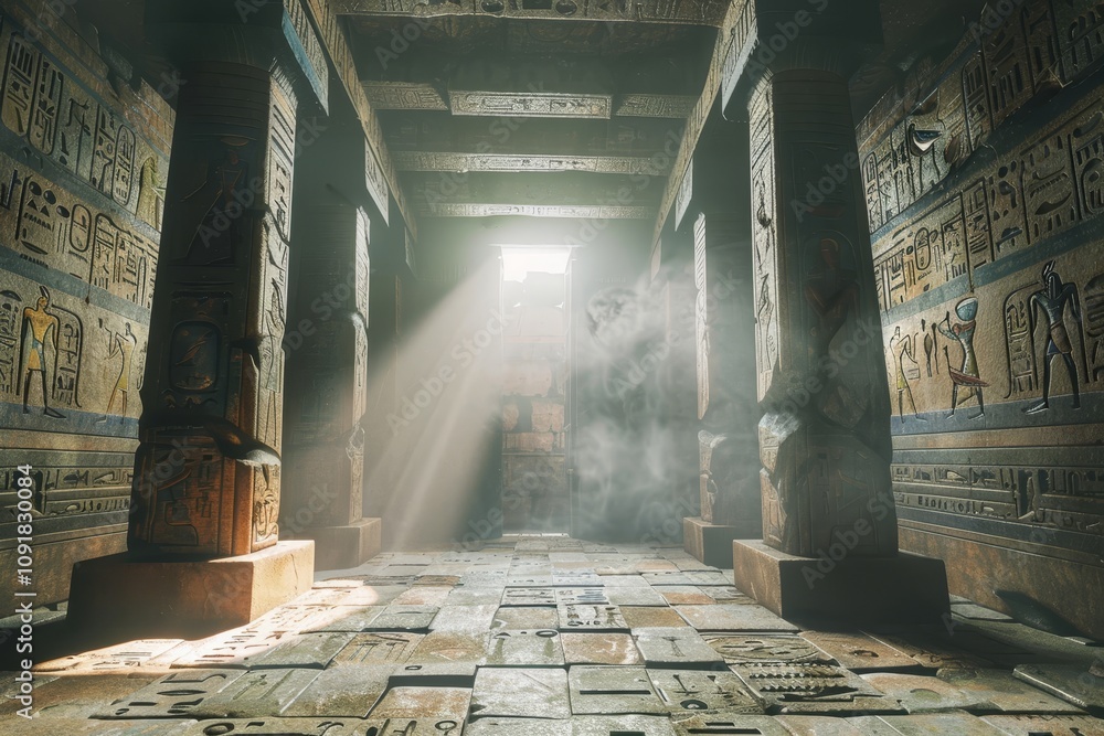 Poster dust particles float in the air as soft light streams through an opening, illuminating the intricate