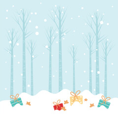 Snowy forest with gifts and stars, Vector