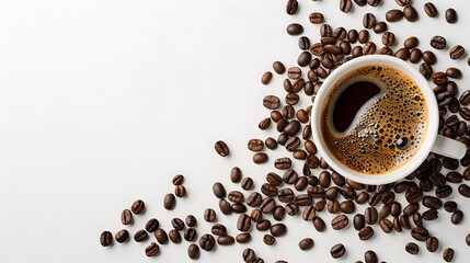 White cup of coffee surrounded by coffee beans, perfect for coffee shops, cafes, coffee blogs, and social media posts.
