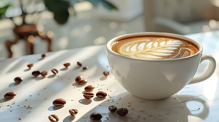 Perfect for coffee shops, cafes, and coffeerelated blog posts, this image features a white cup of coffee and scattered coffee beans.