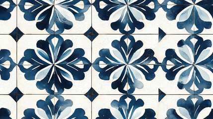 A blue and white tile pattern with flowers