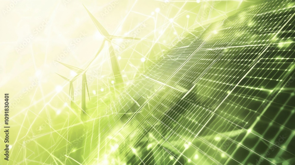 Aufkleber solar panels and wind turbines capture renewable energy in a modern setting surrounded by abstract g