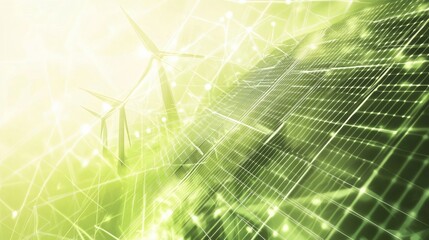 Solar panels and wind turbines capture renewable energy in a modern setting surrounded by abstract green patterns, promoting sustainability. Generative AI
