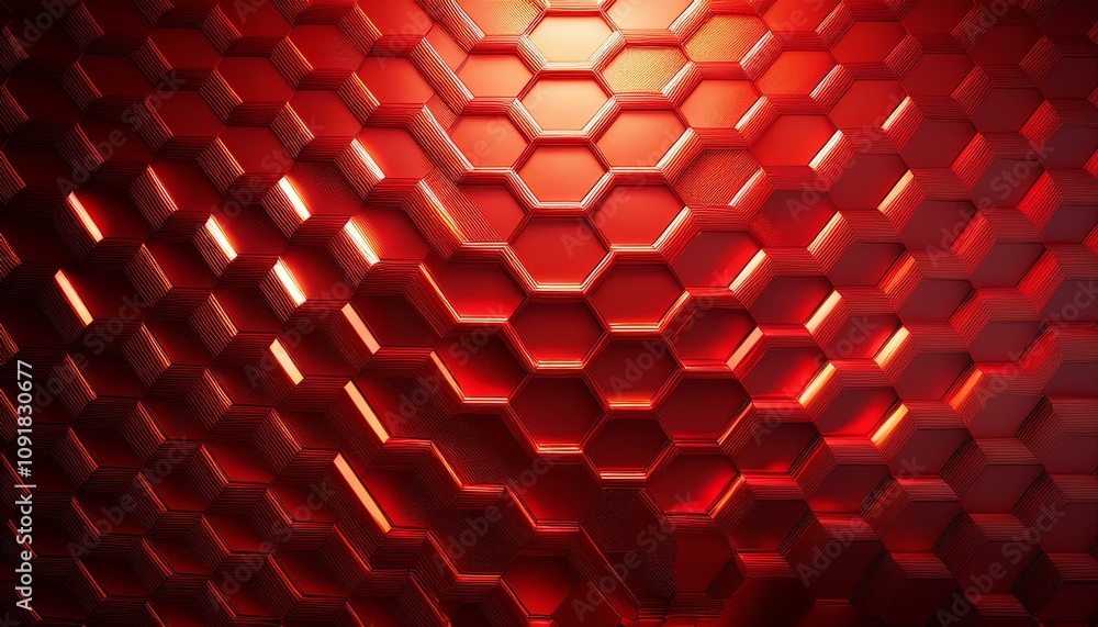 Poster red hexagonal abstract metal background with light