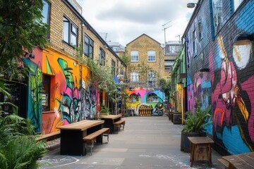 Fototapeta premium Colorful murals decorating buildings in a london alley