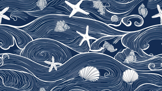 A blue and white ocean scene with a starfish and shells