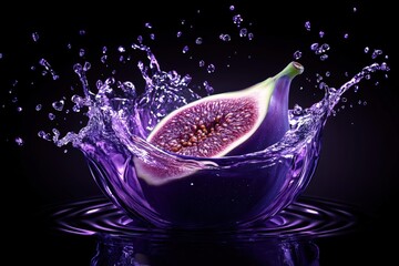 Glossy Deep Purple Fig Surrounded by Water Splash.