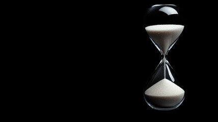 Hourglass with white sand on black background symbolizing time