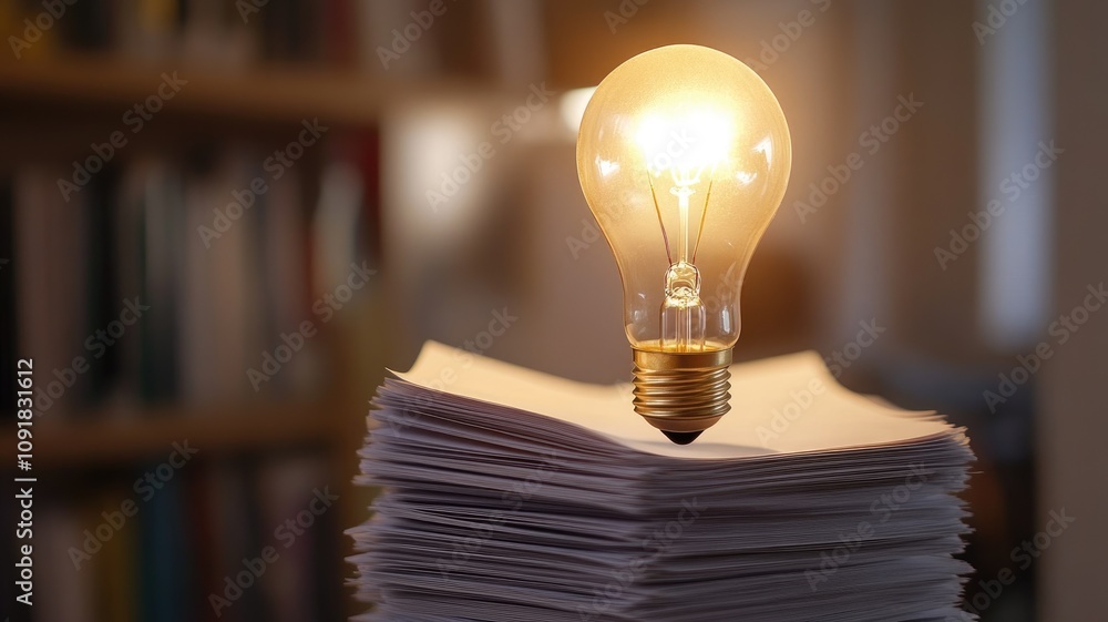 Poster lightbulb illuminating stack of documents, symbolizing ideas and knowledge