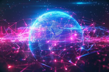 Obraz premium This visual showcases a colorful globe illuminated with interconnected lines, symbolizing global connectivity and the impact of technology in the digital age.