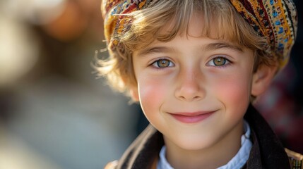Fototapeta premium Young Belgian boy with traditional attire and a bright grin.