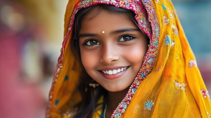 Fototapeta premium Young Indian girl with traditional attire and a bright smile.