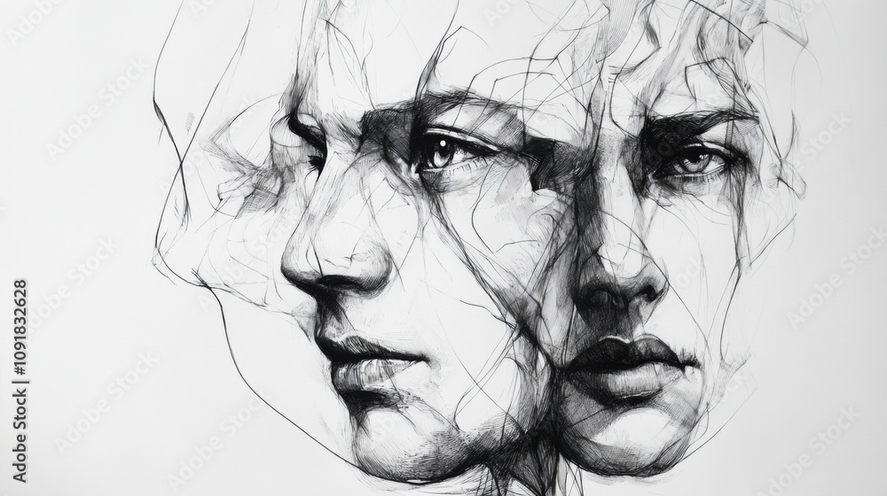 Aufkleber portraits display striking emotions with intricate shadows and dynamic line work, showcasing nuanced