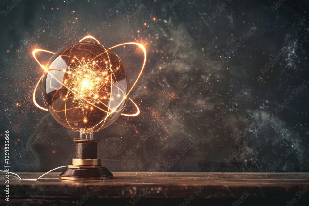 Poster this visual features a striking atom model illuminated with brilliant light effects, resting on a wo