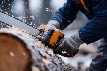 An operator skillfully uses a chainsaw to cut timber in a snowy forest, showcasing expertise, efficiency, and the challenging conditions of outdoor woodwork in winter.