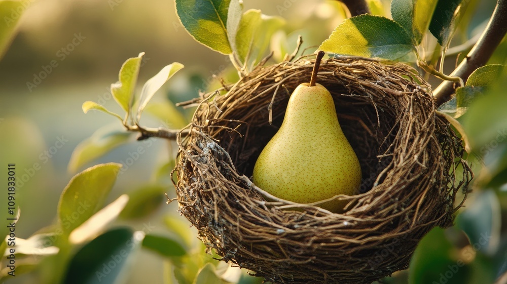 Poster pear sitting inside bird's nest on tree branch