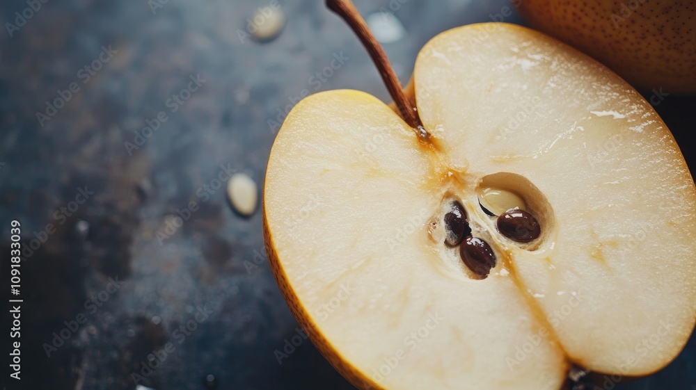 Poster sliced pear showing seeds and stem on dark surface