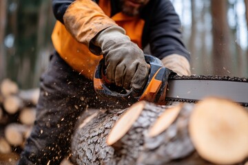 A professional logger expertly uses a chainsaw amidst a forest setting, demonstrating the intensity and skill required in timber harvesting and forestry operations.