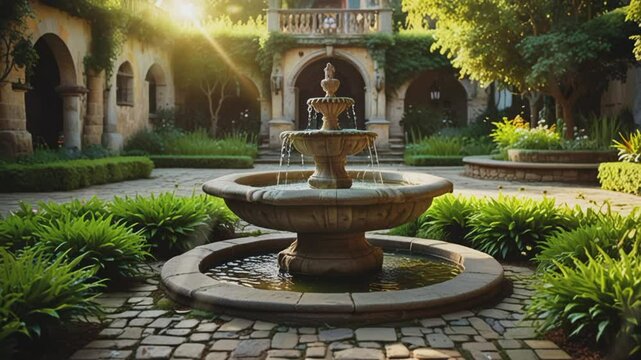 Classic fountain in the park, 4K seamless looping virtual video animation background