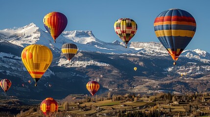 Fototapeta premium Colorful hot air balloons flying over snow-capped mountains.