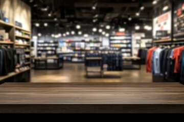 Obraz premium Empty wooden table in a blurred background of a clothing store with various clothing items on shelves.