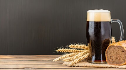 Rich dark beer in a glass jug and freshly baked black bread on rustic table with wheat ears