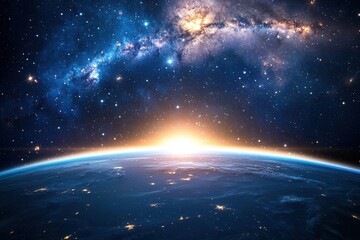 Sunrise over earth and milky way galaxy illuminating the universe