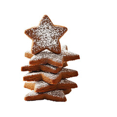 holiday star-shaped cookies stacked and sprinkled with sugar on clear background
