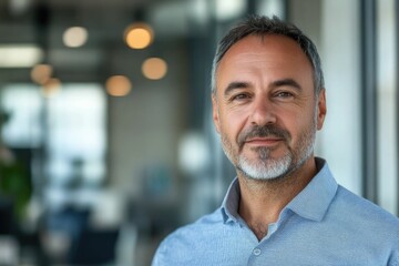 Fototapeta premium Close-up headshot Confident European mature, good looking middle aged leader, male businessman CEO on blurred office background. Handsome senior European businessman smiling at camera