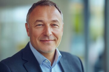 Fototapeta premium Close-up headshot Confident European mature, good looking middle aged leader, male businessman CEO on blurred office background. Handsome senior European businessman smiling at camera