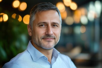 Fototapeta premium Close-up headshot Confident European mature, good looking middle aged leader, male businessman CEO on blurred office background. Handsome senior European businessman smiling at camera