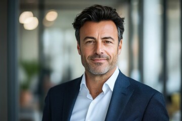 Fototapeta premium Close-up headshot Confident European mature, good looking middle aged leader, male businessman CEO on blurred office background. Handsome senior European businessman smiling at camera