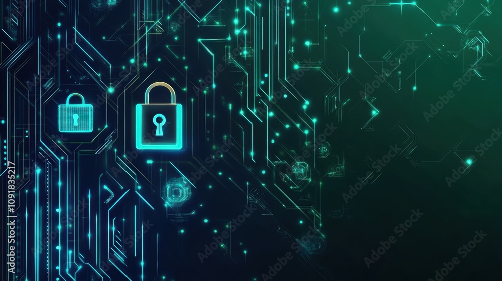 Aufkleber Abstract design highlights various padlocks and keys set against a futuristic backdrop showcasing technology and security concepts. Generative AI