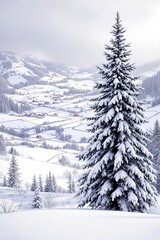 Winter Landscape with Snow-Covered Pine Trees in a Snowy Valley