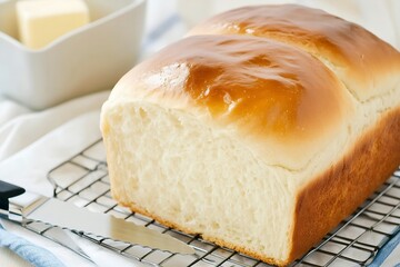 Sliced Loaf of White Bread on Wire Rack with Butter Dish and Knife