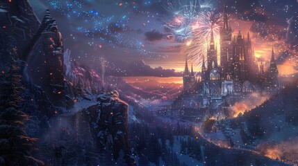 A magical castle illuminated by fireworks in a snowy landscape.