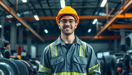 Young successful technician or repairman of industrial machines in safety helmet and workwear standing in large garage or workshop isolated with white highlights, png