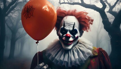a clown with scary make-up holding a red balloon on dark forest with mist background Mysterious old circus. Halloween. Copy space.

