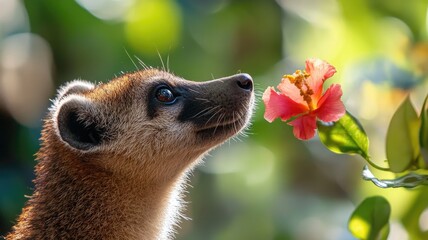 Obraz premium Coati sniffing colorful flower in green, blurred background