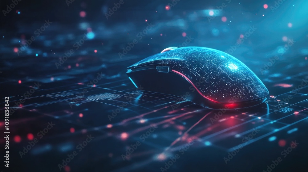 Poster futuristic glowing computer mouse on digital grid