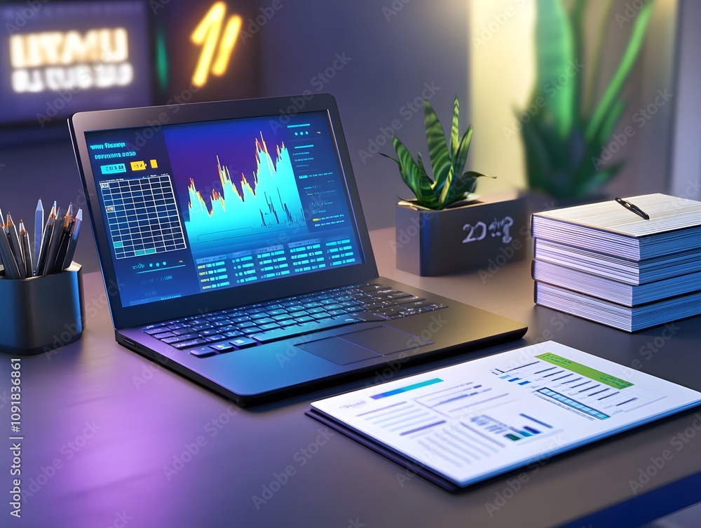 Poster a modern workspace featuring a laptop displaying financial data and charts.