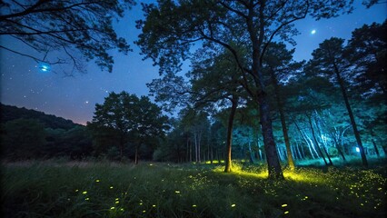 Obraz premium Nighttime forest with glowing trees and fireflies, enchanting, wildlife, eerie, natural, dark woods