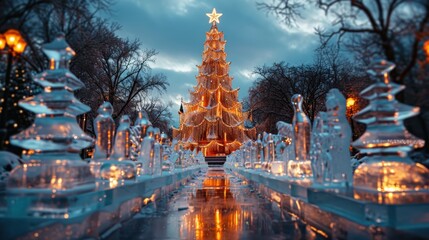 Naklejka premium A festive winter scene featuring a decorated Christmas tree.