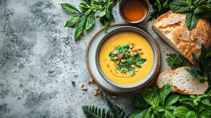 Nourishing mindfulness savory soup and fresh bread cozy kitchen culinary art tranquil setting healthful self-care experience