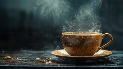 Fototapeta premium Hot Steaming Cup of Tea in Dark Cozy Setting
